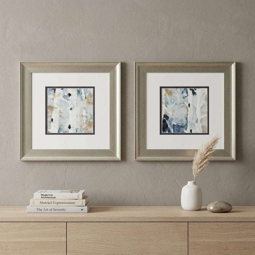 Set of Two Blue Watercolor Brushed Silver Framed Wall Art  Warm Home View