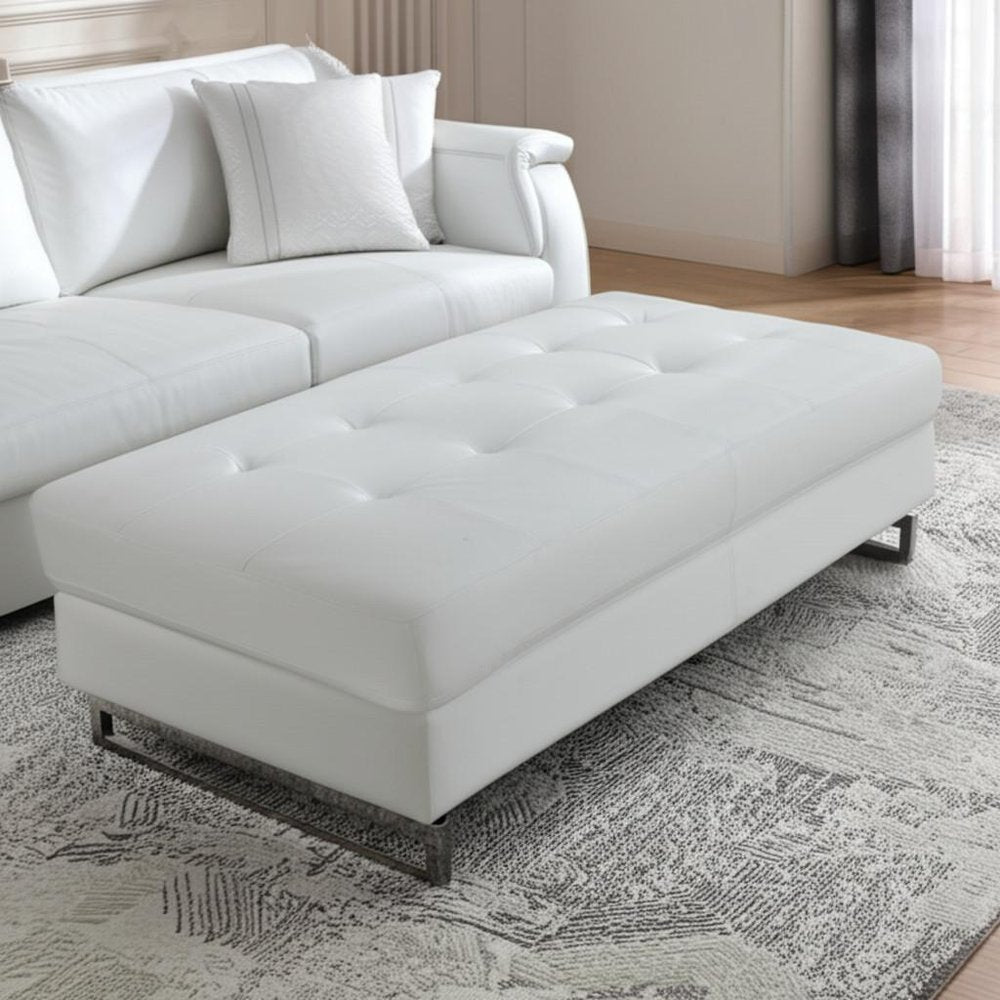 63" White and Silver Faux Leather Ottoman  Warm Home View