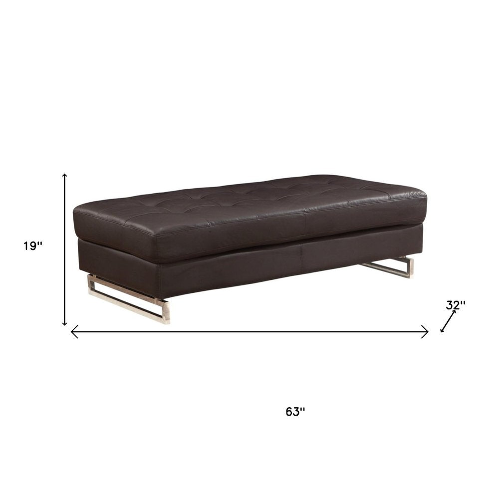 63" Brown and Silver Faux Leather Tufted Ottoman  Warm Home View