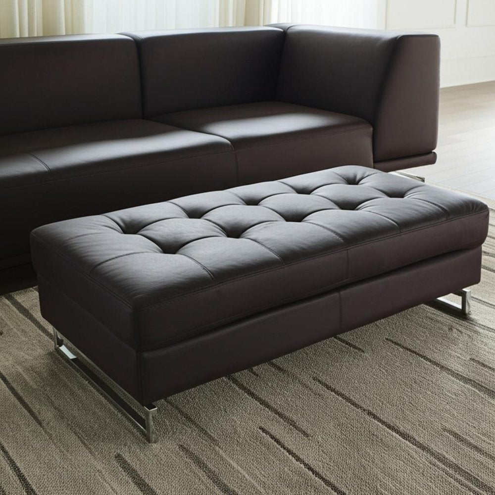 63" Brown and Silver Faux Leather Tufted Ottoman  Warm Home View