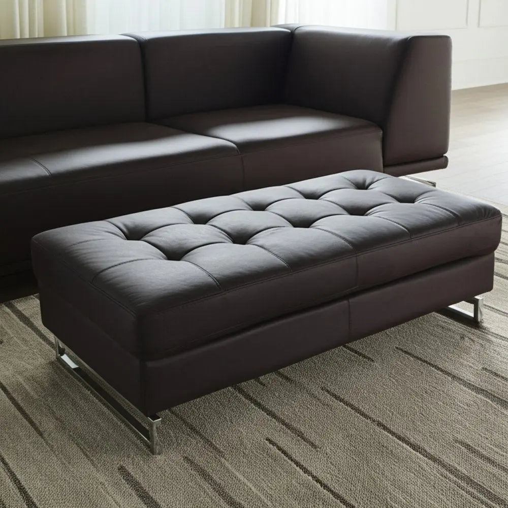 Brown Faux Leather Tufted Ottoman with Silver Legs, 1-Piece  Warm Home View