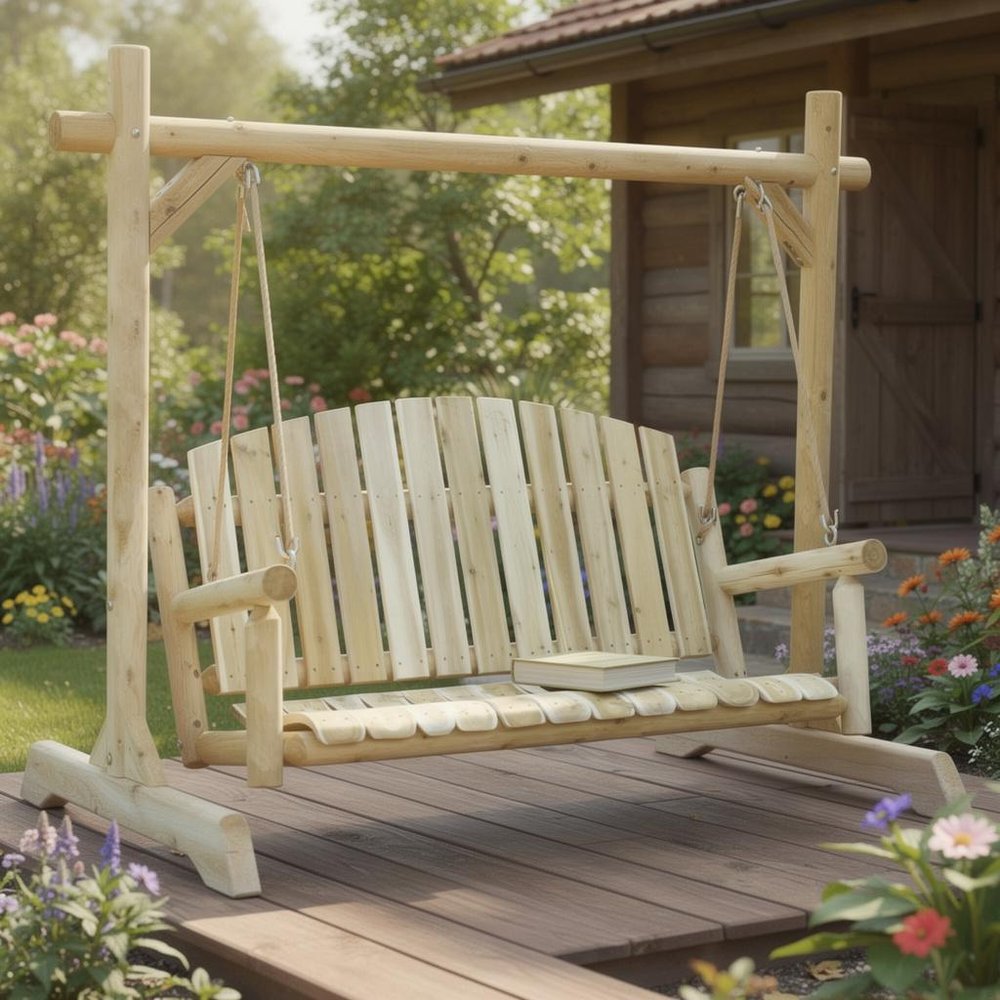 71" Natural Solid Wood Swing Chair  Warm Home View