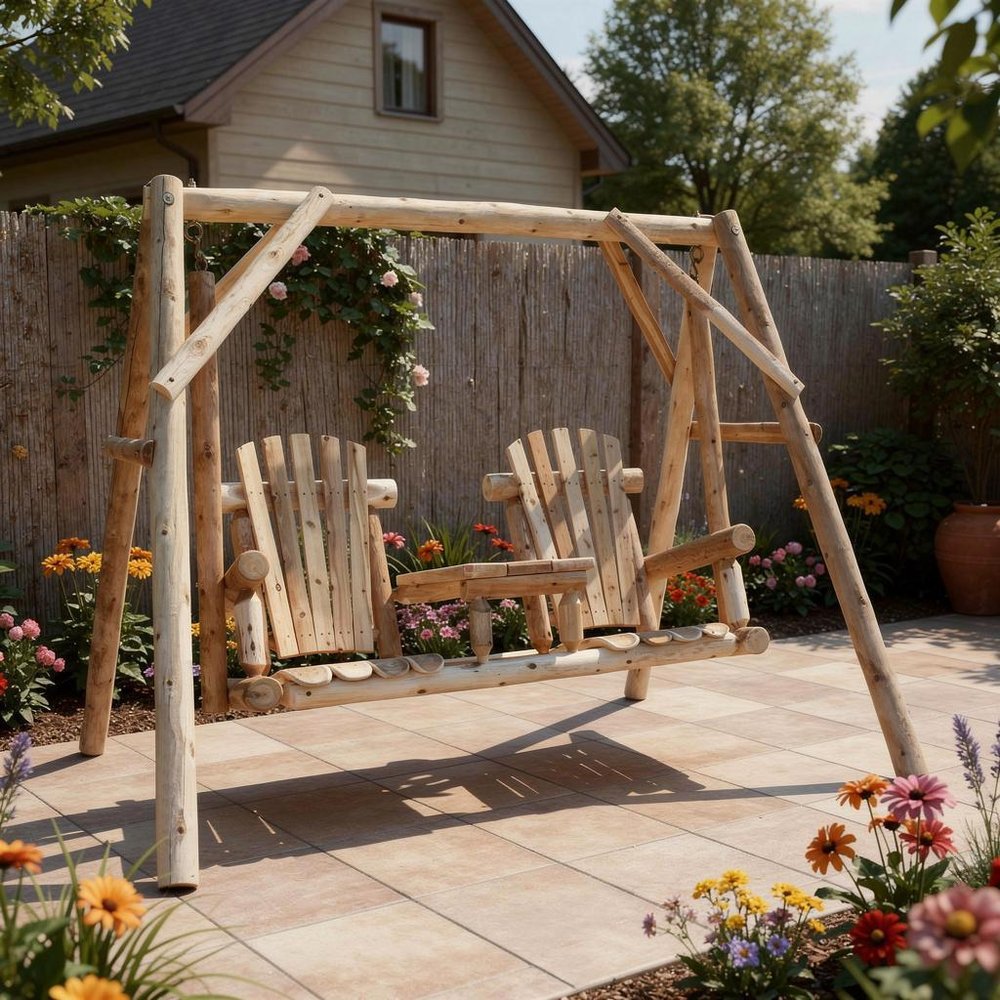87" Natural Solid Wood Swing Chair  Warm Home View