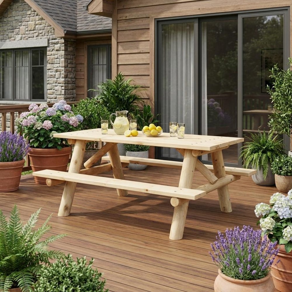 70" Natural Solid Wood Outdoor Picnic Table  Warm Home View