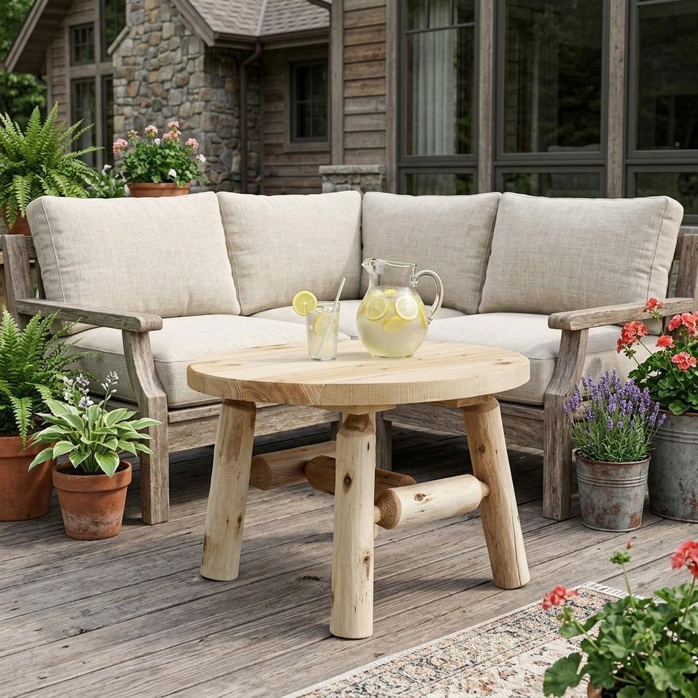 25" Natural Rounded Solid Wood Outdoor Coffee Table  Warm Home View