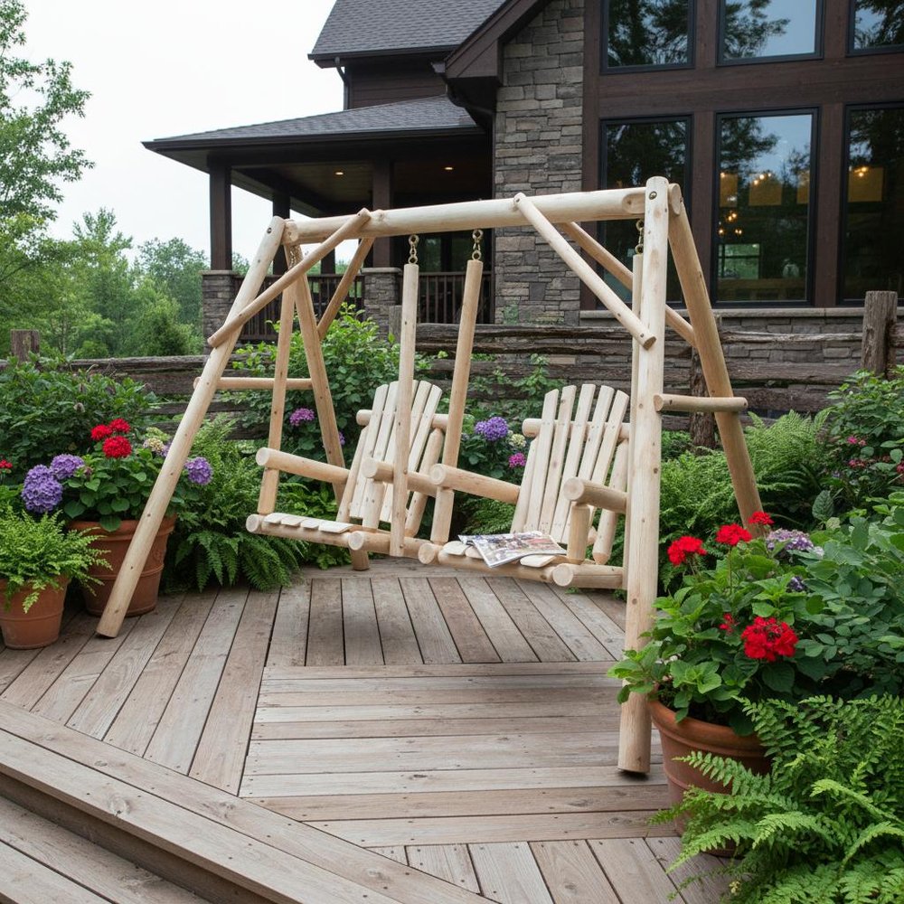 87" Natural Solid Wood Outdoor Double Swing Chair  Warm Home View