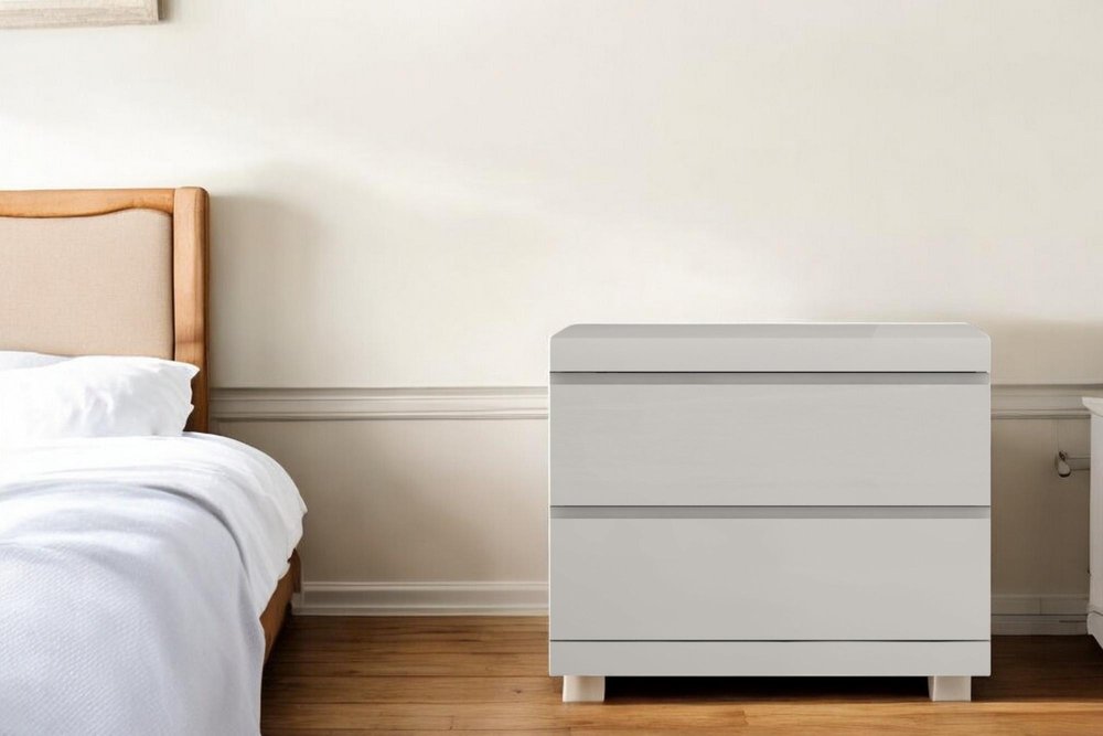Modern Gray Woodgrain Finish 2 Drawer Nightstand  Warm Home View
