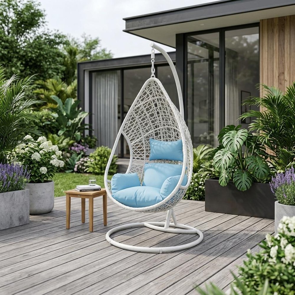 40" Blue and Steel stand finished Metal Outdoor Swing Chair with Blue Cushion  Warm Home View