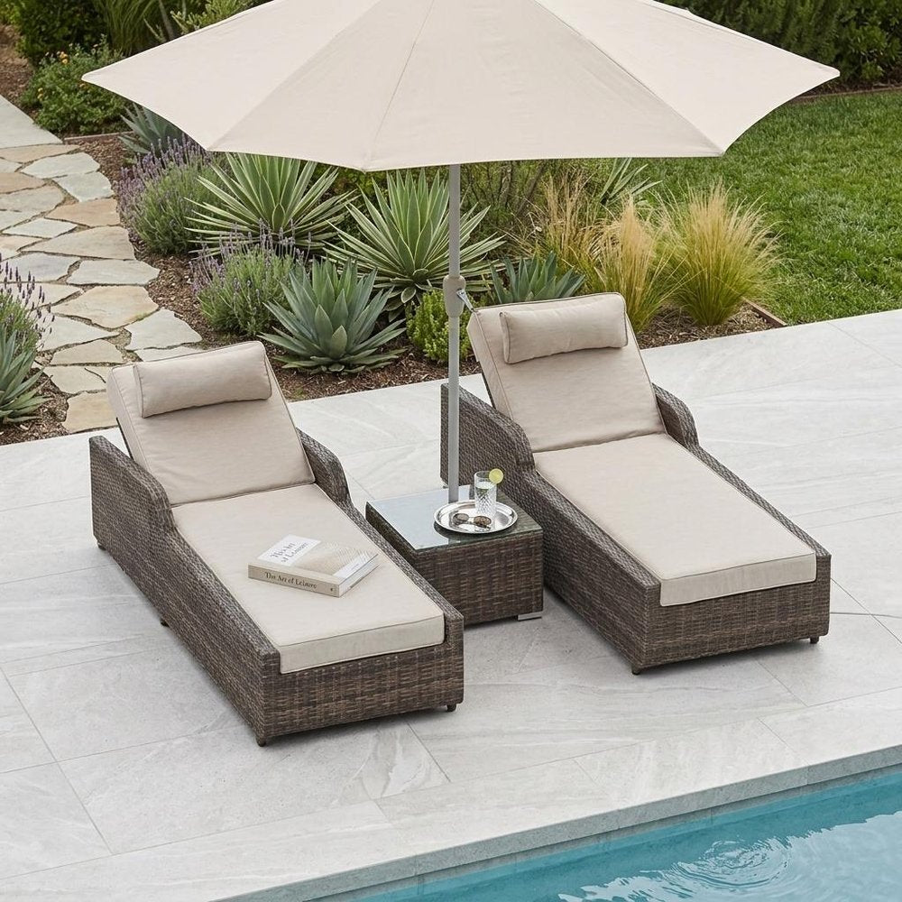 78" Set of Two Brown Indoor Outdoor Chaise Lounge with Beige Cushion  Warm Home View