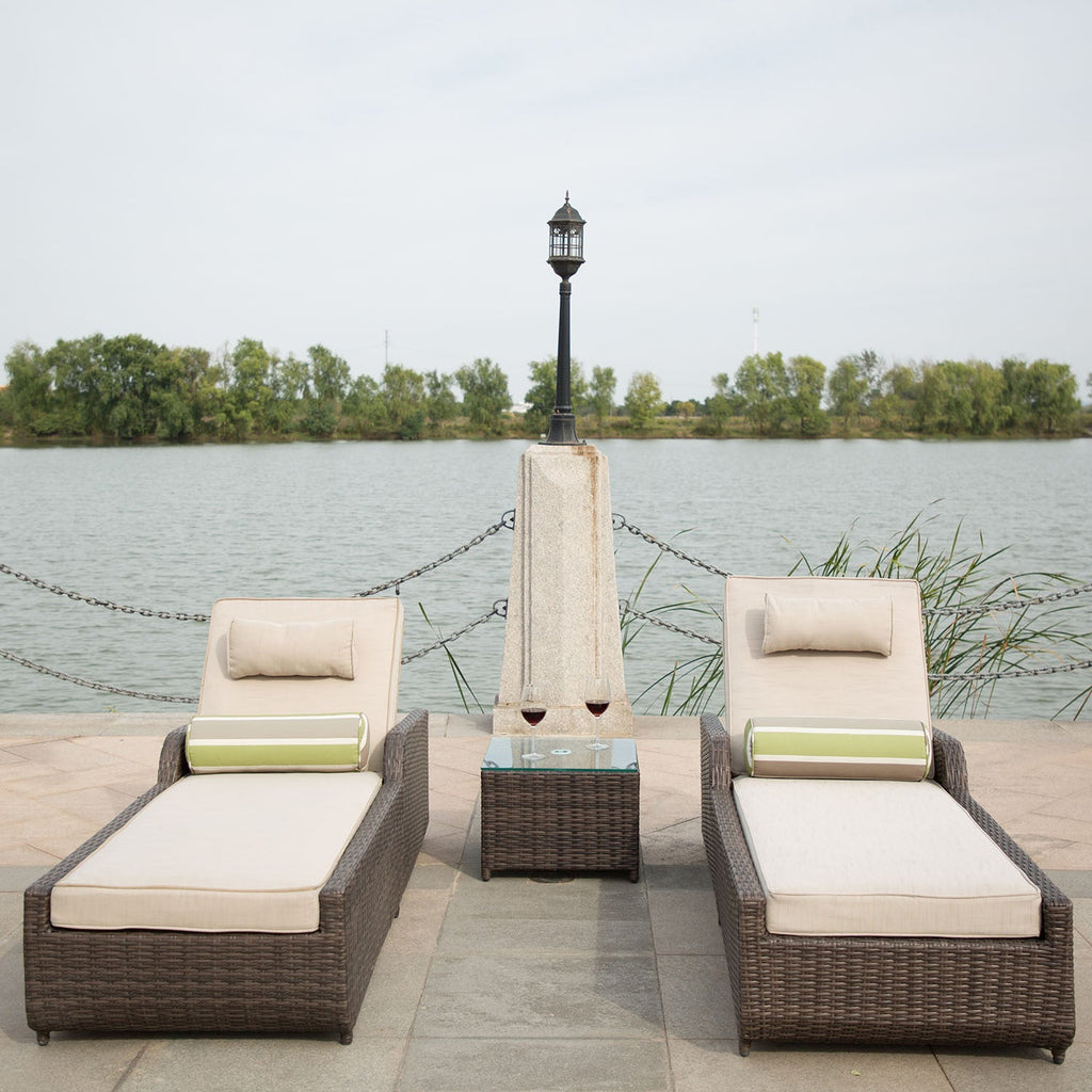 78" Set of Two Brown Indoor Outdoor Chaise Lounge with Beige Cushion  Warm Home View