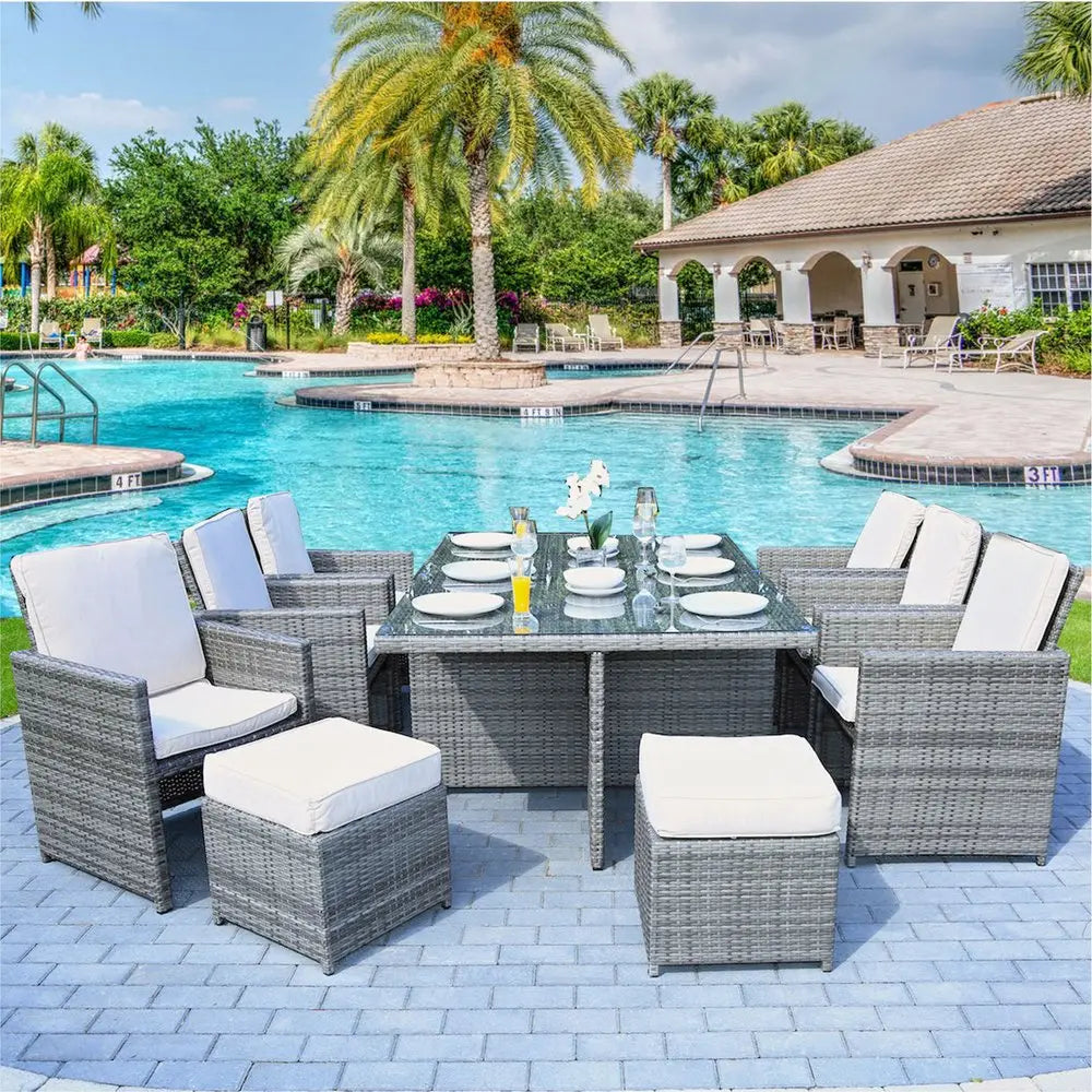 Gray Glass Outdoor Dining Set - Gray Rattan - 11 Piece  Warm Home View