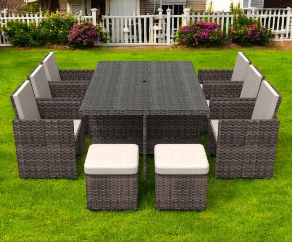 Gray Glass Outdoor Dining Set - Gray Rattan - 11 Piece  Warm Home View