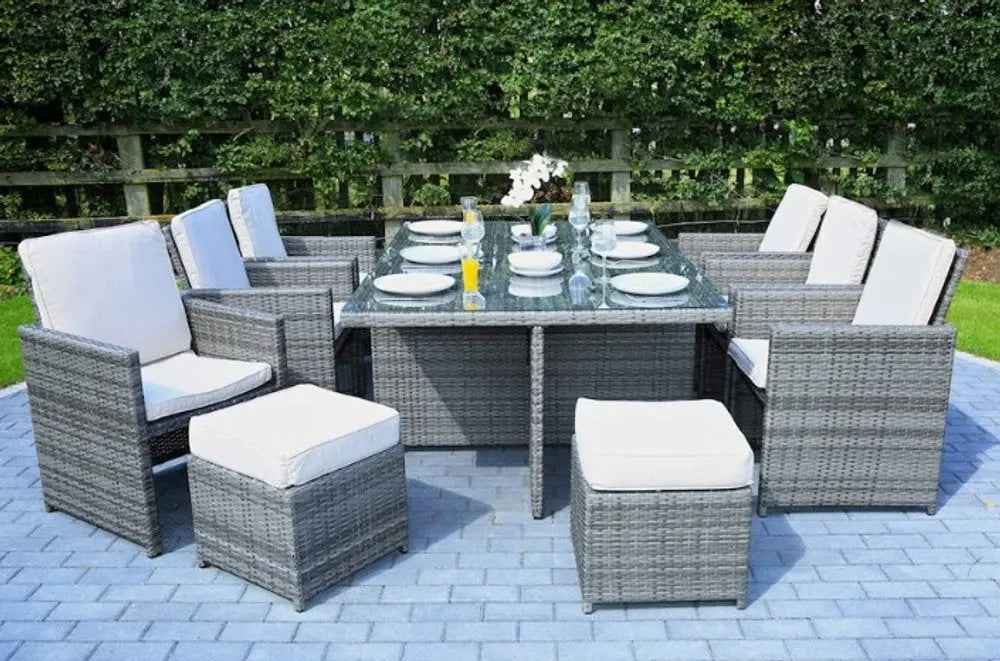 Gray Glass Outdoor Dining Set - Gray Rattan - 11 Piece  Warm Home View