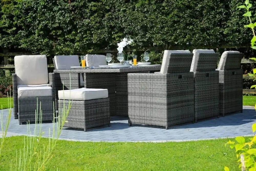 Gray Glass Outdoor Dining Set - Gray Rattan - 11 Piece  Warm Home View