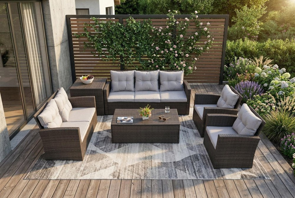 Six Piece Outdoor Brown Metal Sofa Seating Group With Cushions  Warm Home View