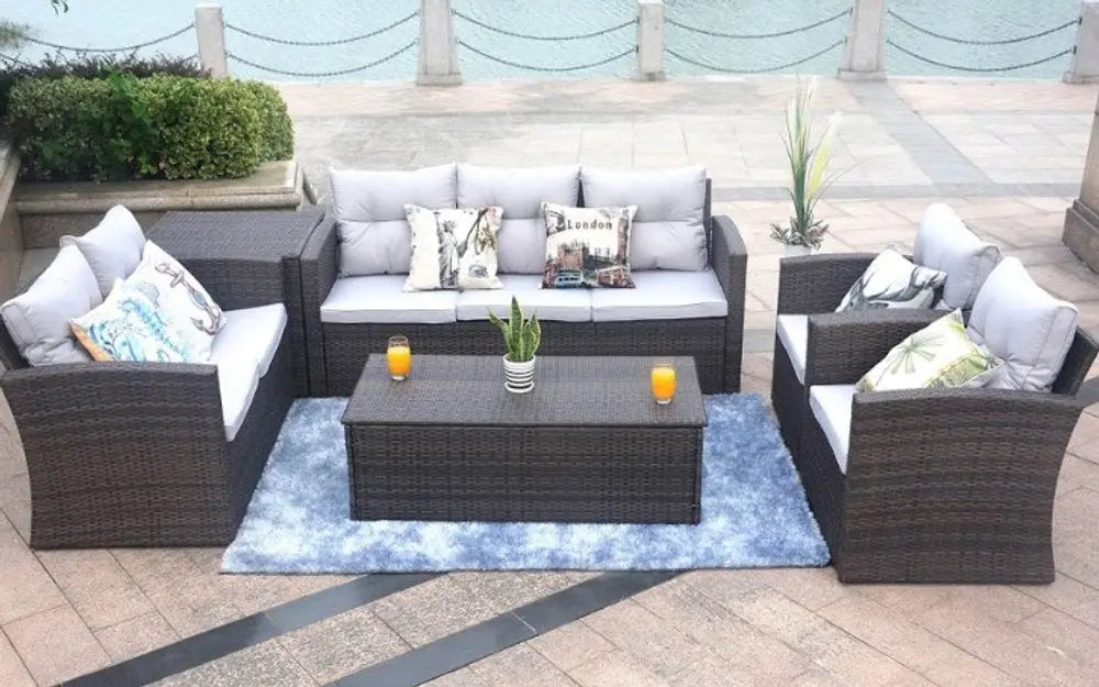 6-Piece Outdoor Metal Sofa Seating Group - Brown Frame with Premium Weather-Resistant Cushions  Warm Home View