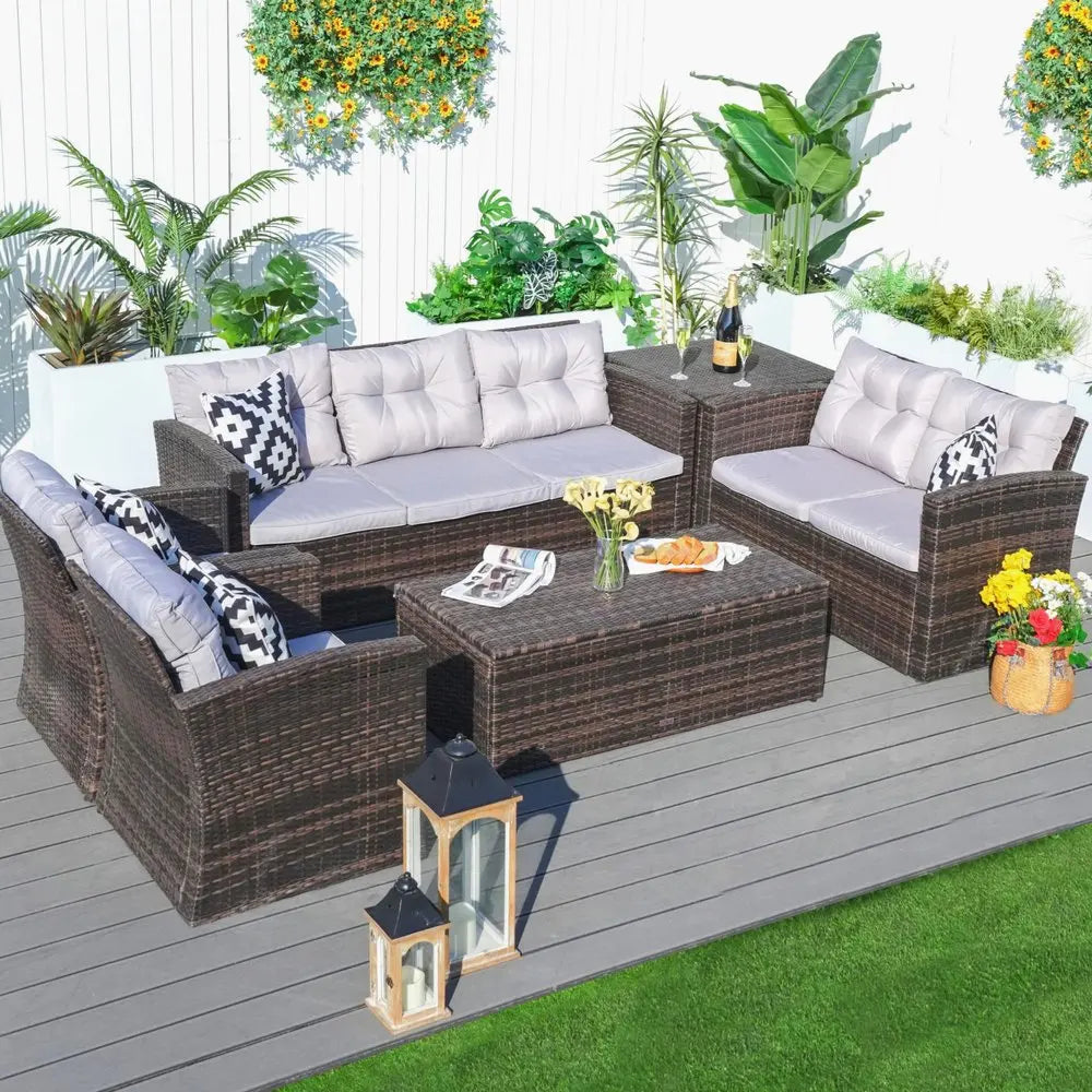 6-Piece Outdoor Metal Sofa Seating Group - Brown Frame with Premium Weather-Resistant Cushions  Warm Home View