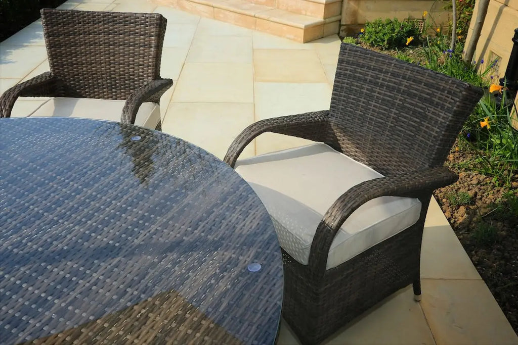 Gray Rattan Round Glass Dining Set - 7 Piece  Warm Home View
