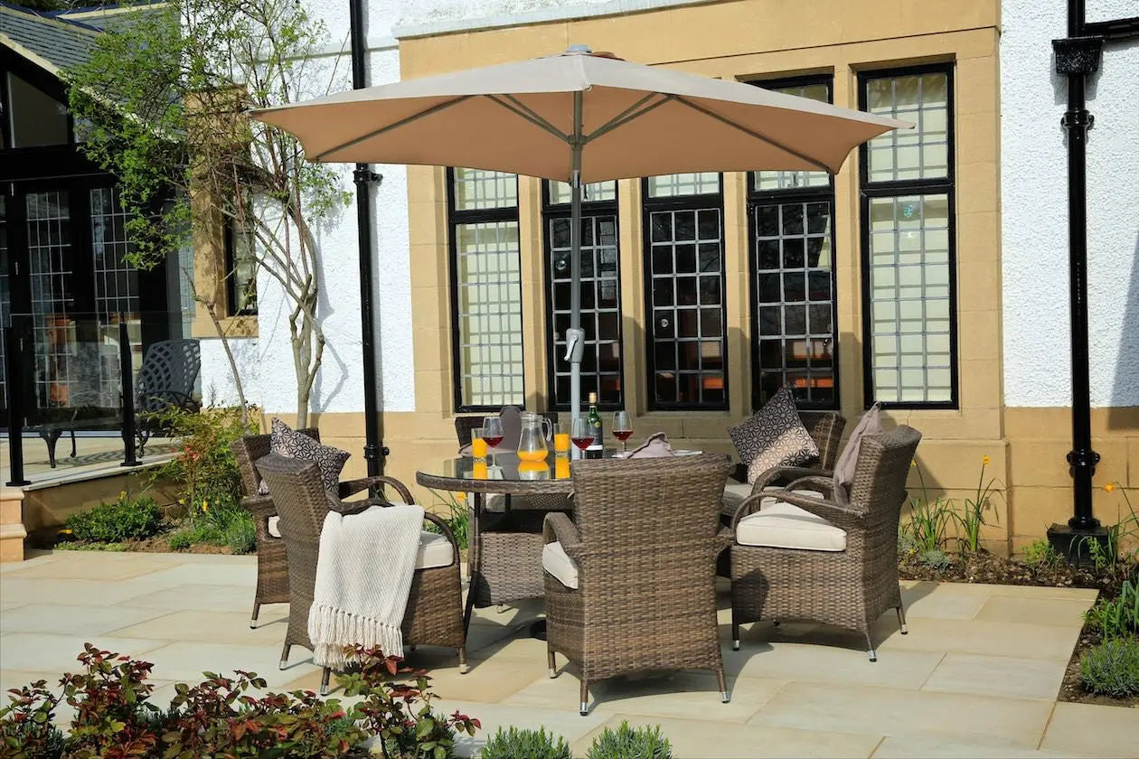 Gray Rattan Round Glass Dining Set - 7 Piece  Warm Home View