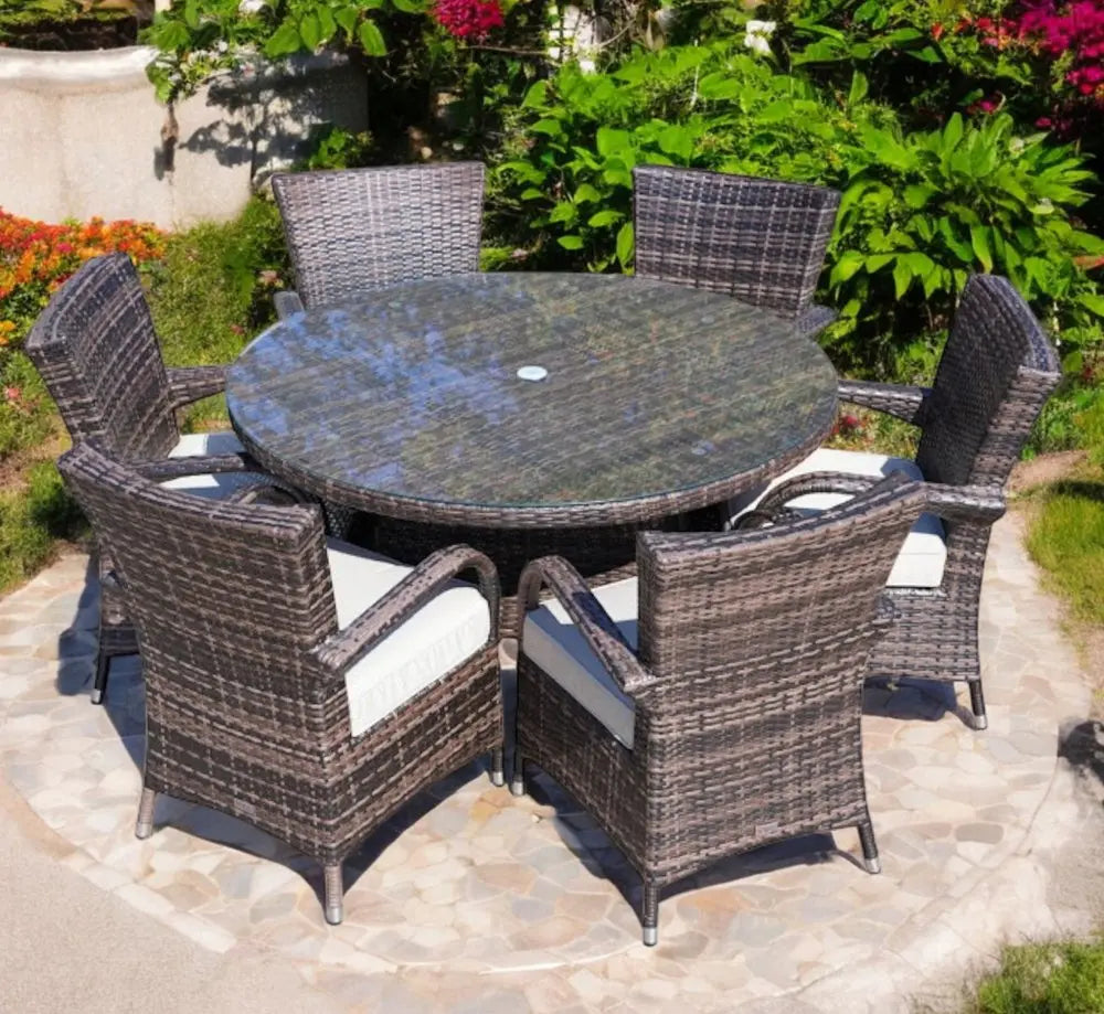 Gray Rattan Round Glass Dining Set - 7 Piece  Warm Home View