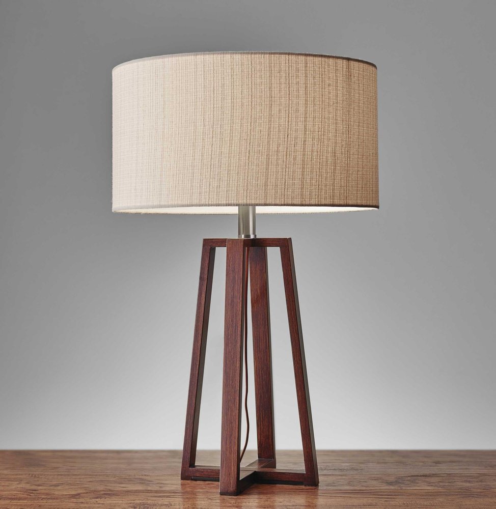 Walnut Wood Finish Linen Fabric Shade Table Lamp  Warm Home View