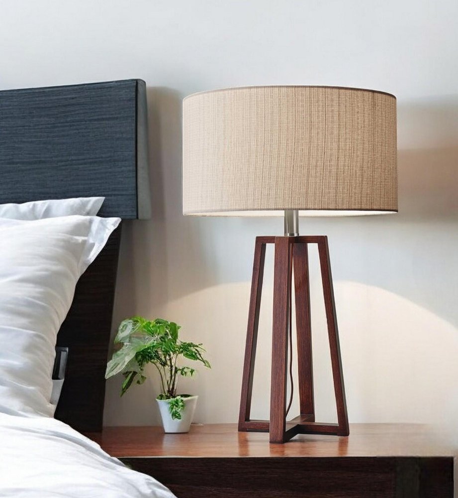 Walnut Wood Finish Linen Fabric Shade Table Lamp  Warm Home View