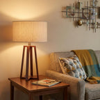 Walnut Wood Finish Linen Fabric Shade Table Lamp  Warm Home View
