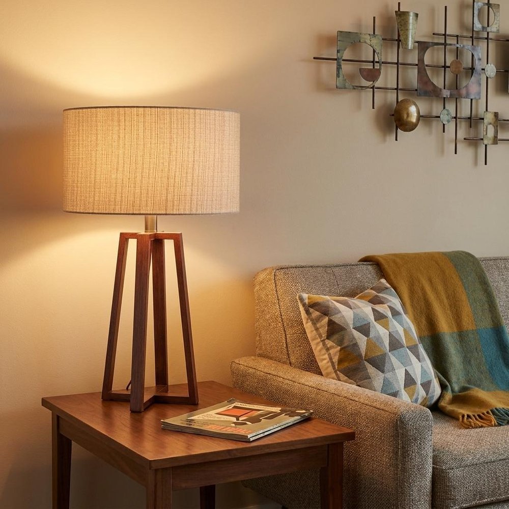 Walnut Wood Finish Linen Fabric Shade Table Lamp  Warm Home View