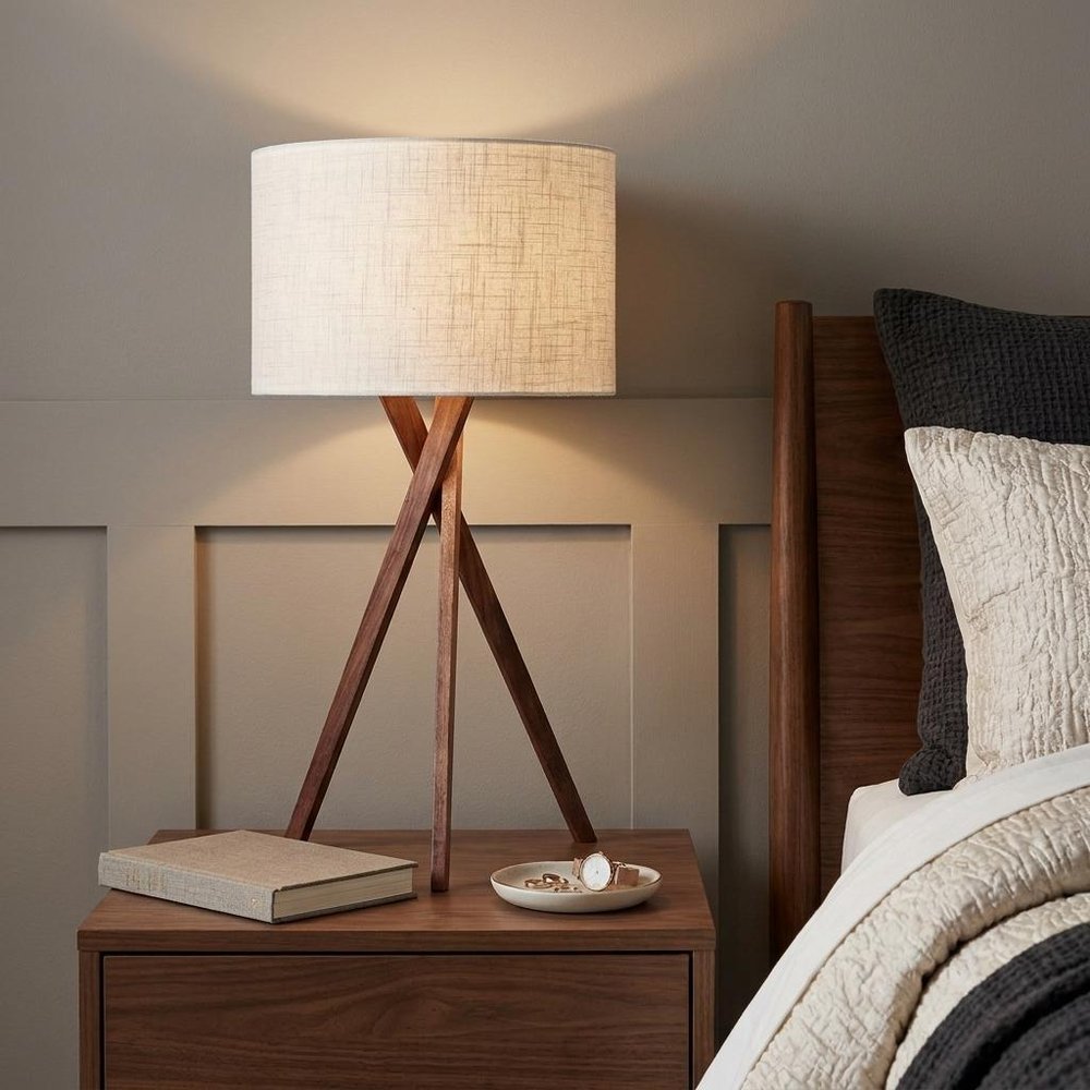 Tripod Leg Walnut Wood Table Lamp  Warm Home View