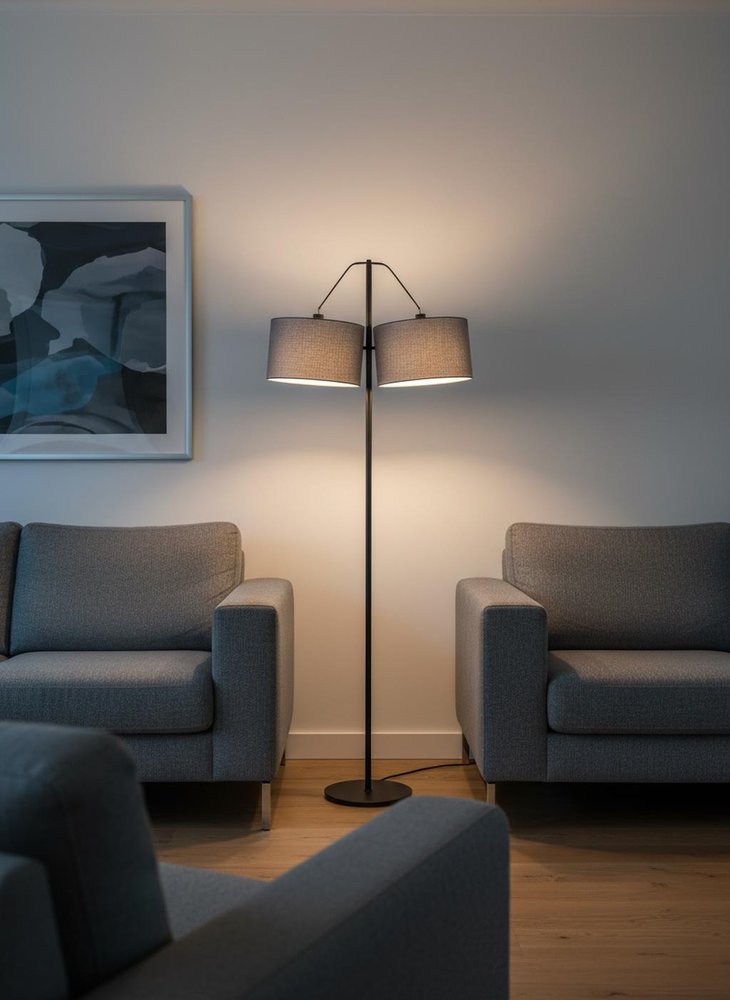 91" Silver Three Light Tree Floor Lamp With Gray Linen Drum Shade  Warm Home View