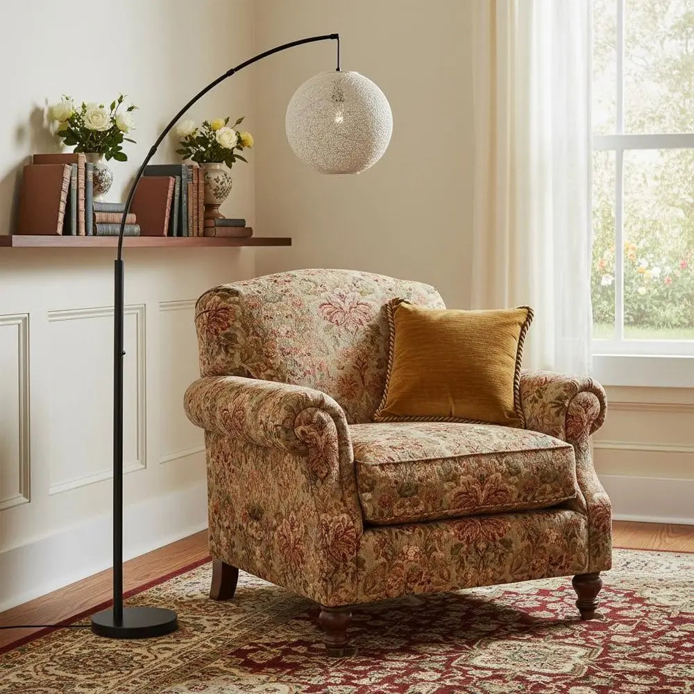77" Antiqued Bronze Arched Floor Lamp With Groovy Beige Abstract Wicker Globe Shade  Warm Home View