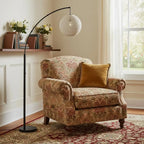 77" Antiqued Bronze Arched Floor Lamp With Groovy Beige Abstract Wicker Globe Shade  Warm Home View