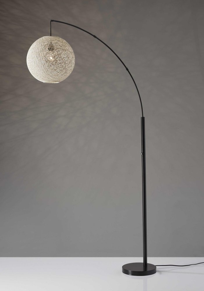 77" Antiqued Bronze Arched Floor Lamp With Groovy Beige Abstract Wicker Globe Shade  Warm Home View