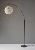77" Antiqued Bronze Arched Floor Lamp With Groovy Beige Abstract Wicker Globe Shade  Warm Home View