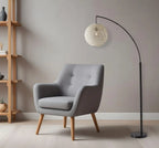 77" Antiqued Bronze Arched Floor Lamp With Groovy Beige Abstract Wicker Globe Shade  Warm Home View