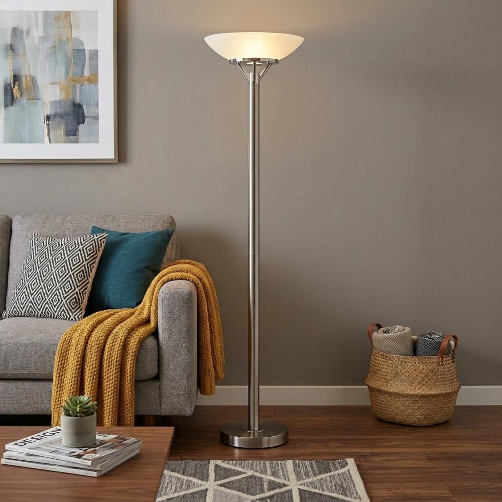 Frosted Glass Shade Uplighting Torchiere In Brushed Steel  Warm Home View