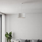 White Fabric Sleek Drum Pendant Lamp  Warm Home View