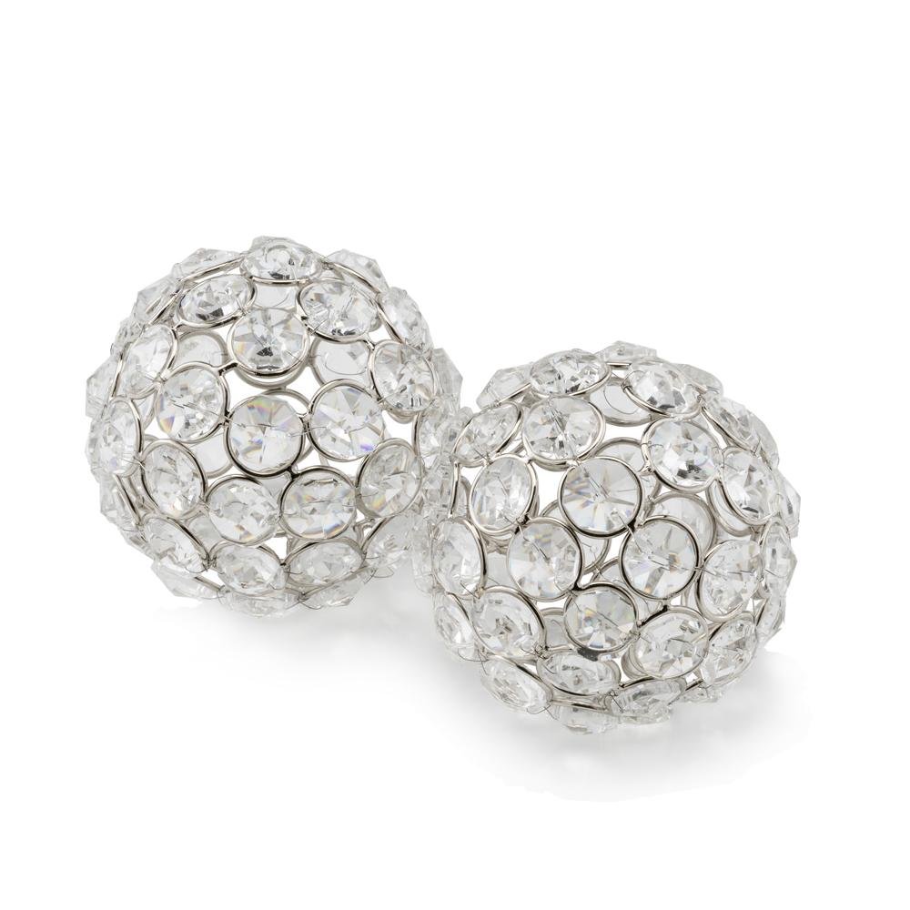 Set of Two Silver And Clear Faux Crystal And Metal Orb Decorative Tabletop Sculptures  Warm Home View