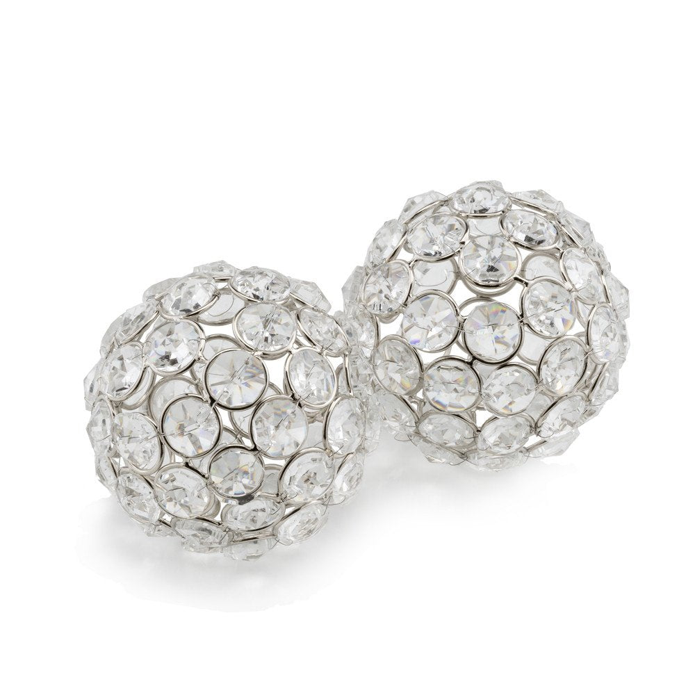 Set of Two Silver And Clear Faux Crystal And Metal Orb Decorative Tabletop Sculptures  Warm Home View
