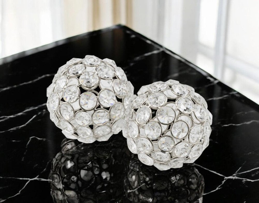 Set of Two Silver And Clear Faux Crystal And Metal Orb Decorative Tabletop Sculptures  Warm Home View
