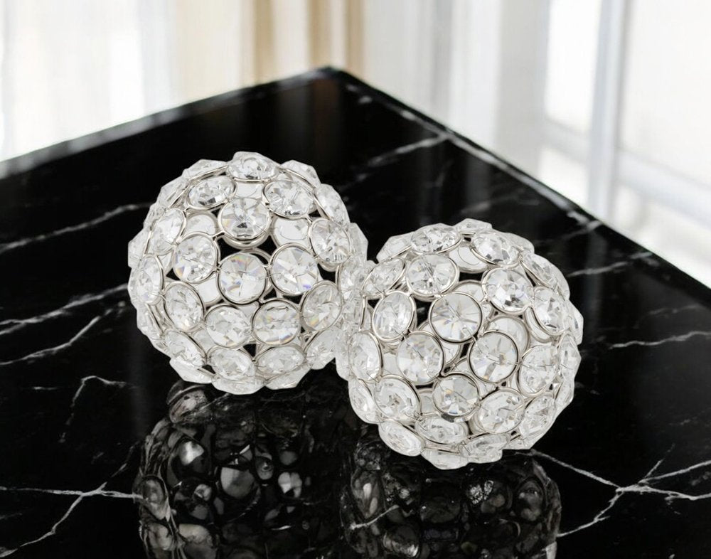 Set of Two Silver And Clear Faux Crystal And Metal Orb Decorative Tabletop Sculptures  Warm Home View