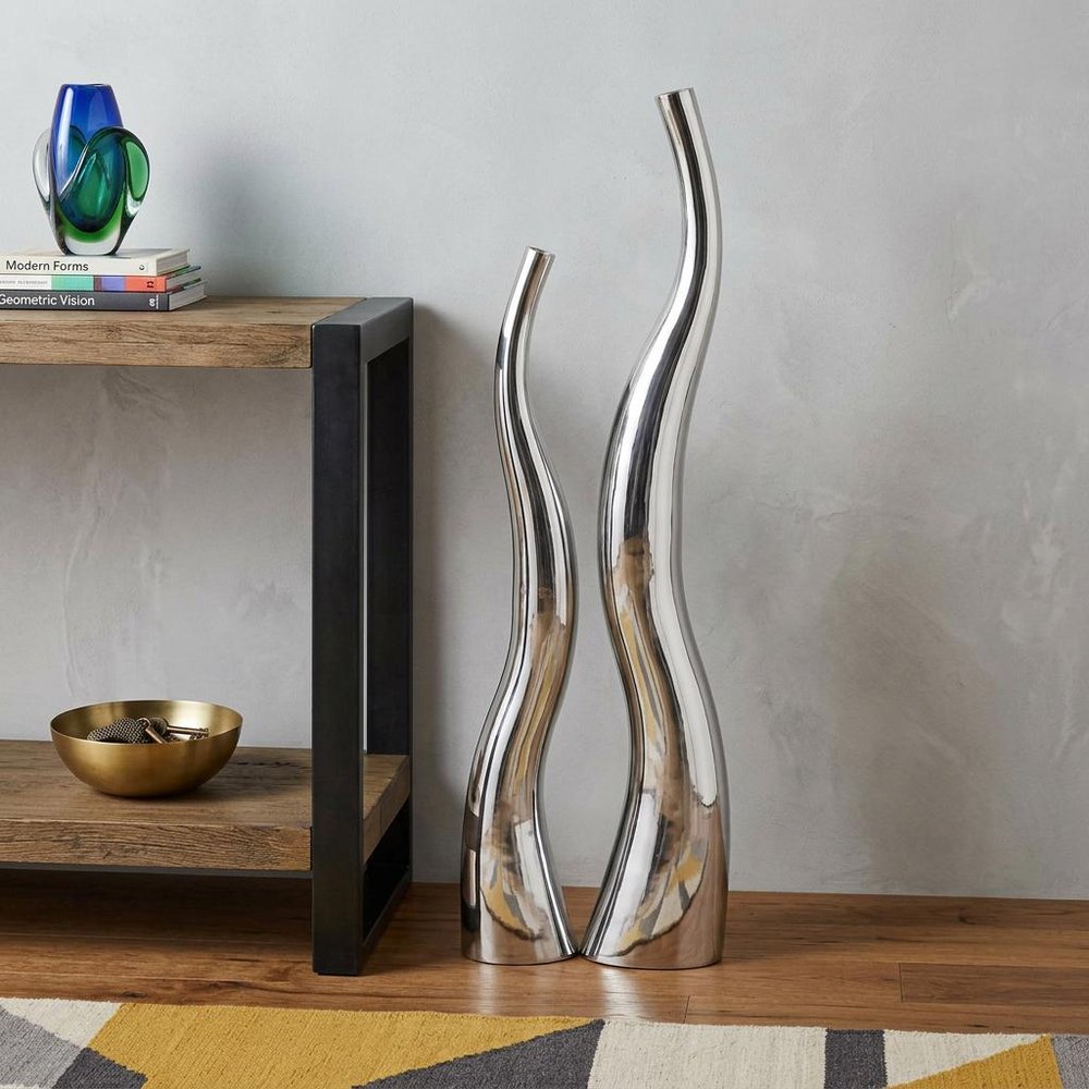 Set of Two Silver Aluminum Squiggly Vases  Warm Home View