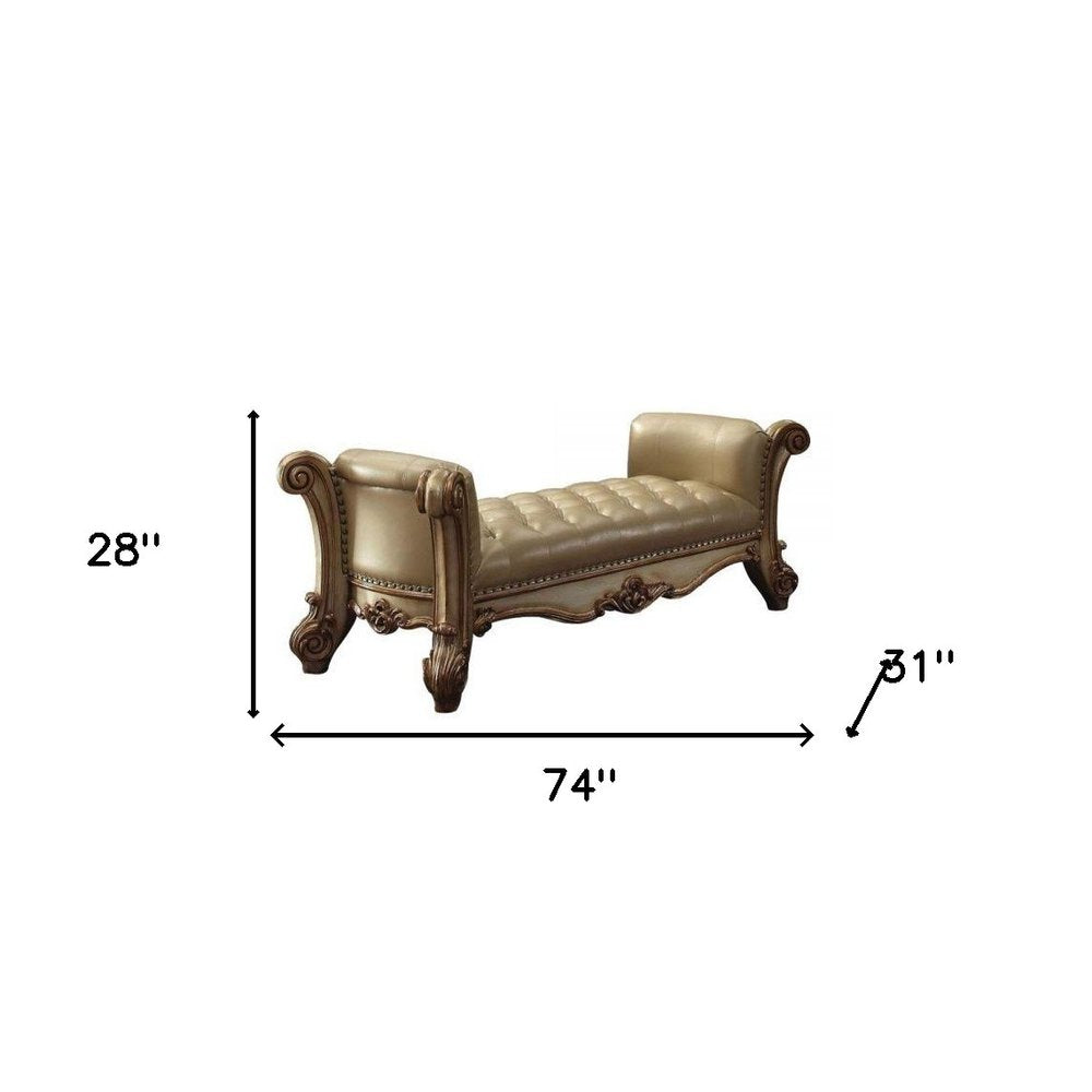 74" Bone and Gold Tufted Faux Leather Upholstered Bench  Warm Home View