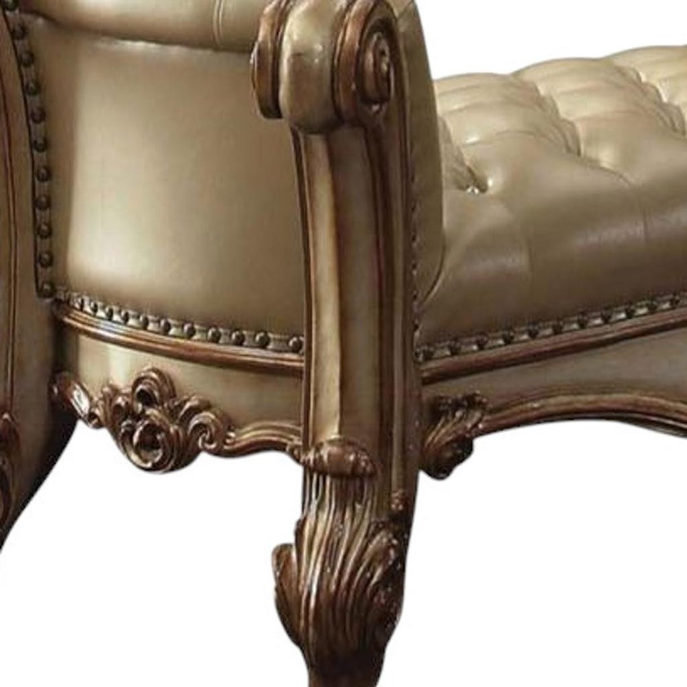 74" Bone and Gold Tufted Faux Leather Upholstered Bench  Warm Home View