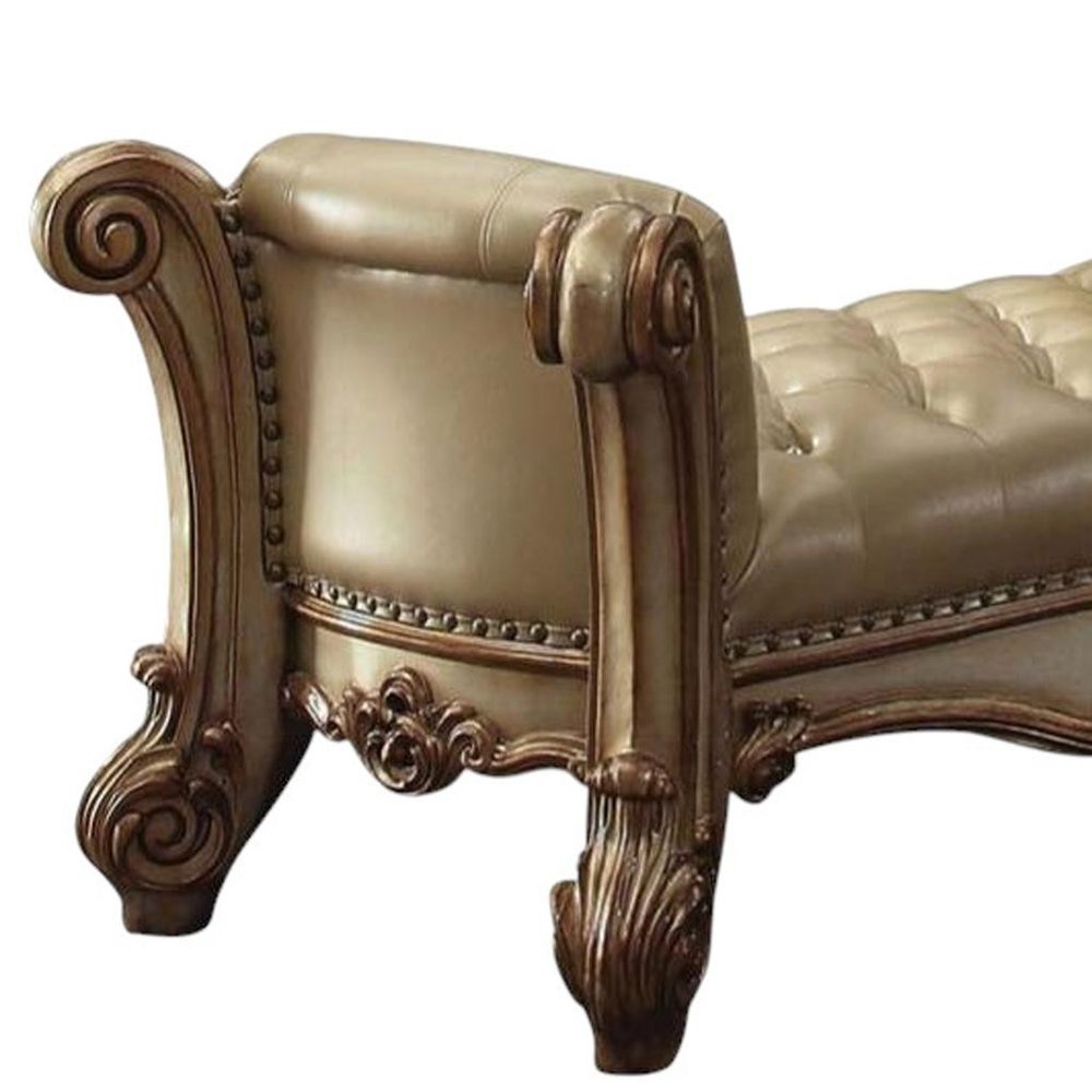 74" Bone and Gold Tufted Faux Leather Upholstered Bench  Warm Home View