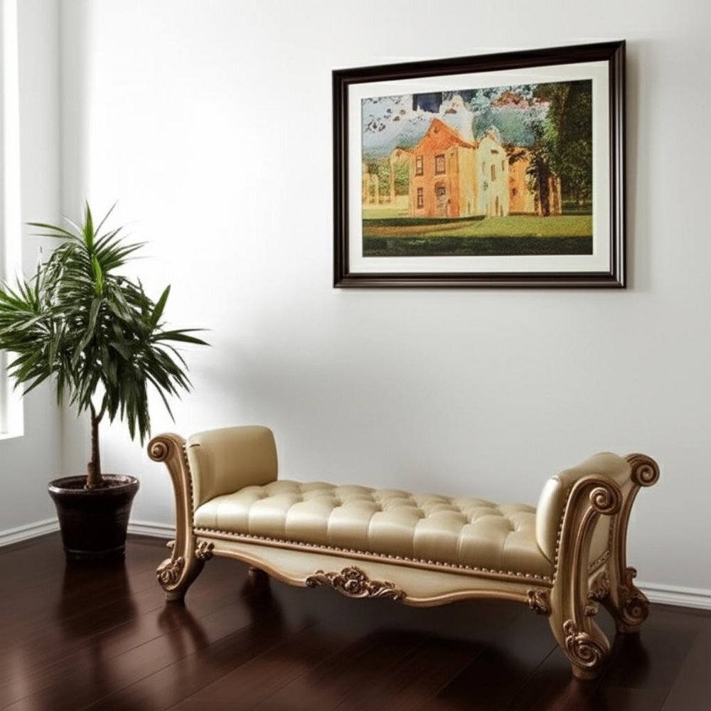 74" Bone and Gold Tufted Faux Leather Upholstered Bench  Warm Home View