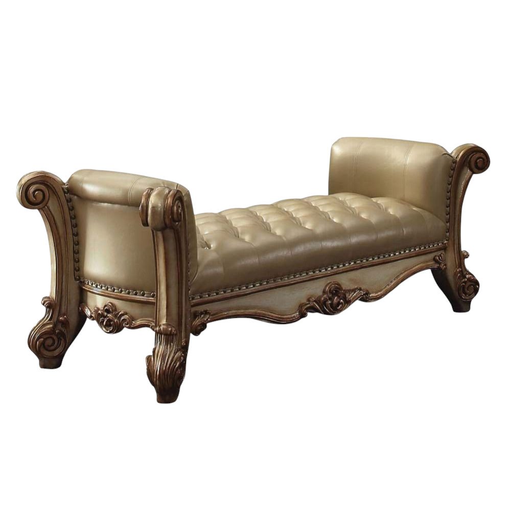 74" Bone and Gold Tufted Faux Leather Upholstered Bench  Warm Home View