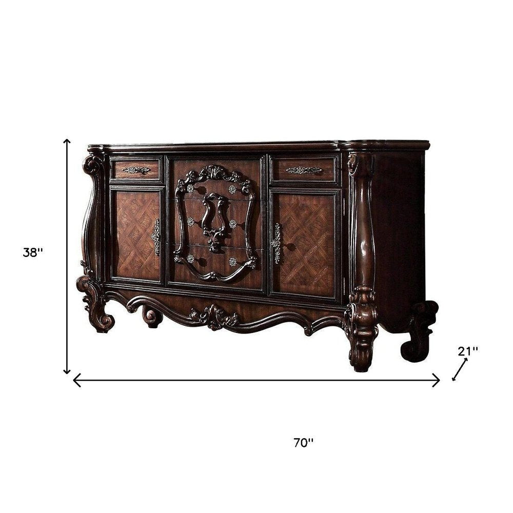 70" Cherry Oak Solid Wood Five Drawer Combo Dresser  Warm Home View