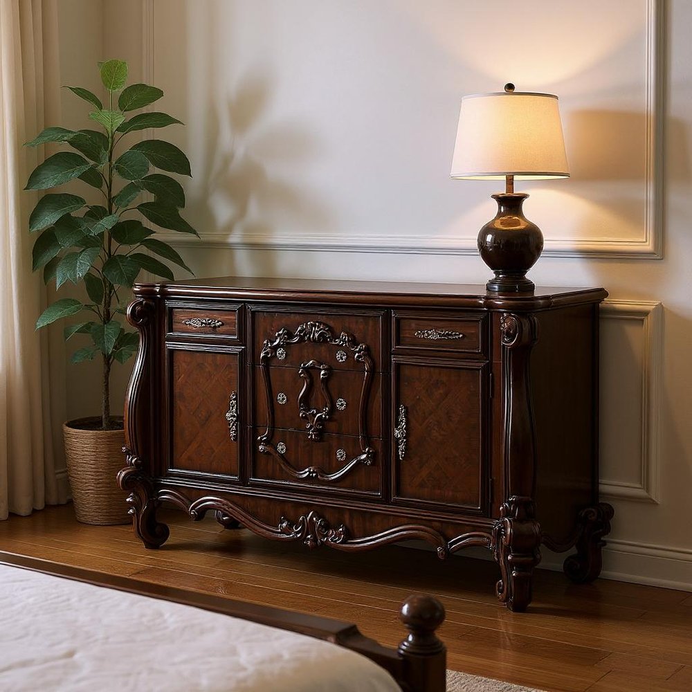 70" Cherry Oak Solid Wood Five Drawer Combo Dresser  Warm Home View