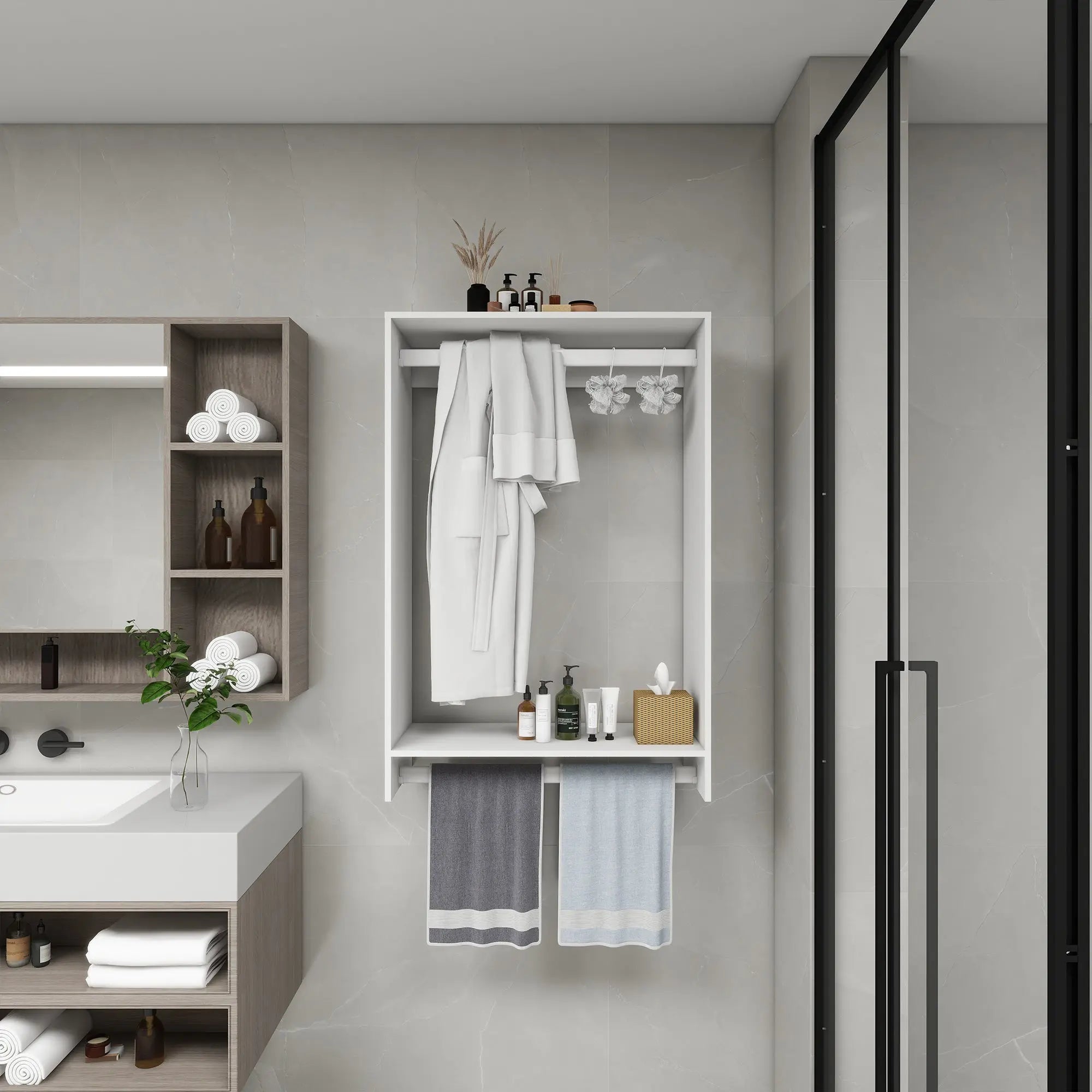 B3 DIY Modular Wooden Closet Organizer System with 2 Hanging Rods Shelves Wall Mount Shelving for Walk in Closet Bedroom and living room Organization Built in Clothes Storage White 31.49''W x 16.04''D x 47.24''H  Warm Home View